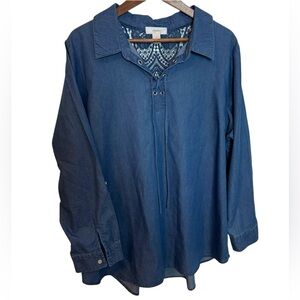 CJ Banks Women's  Blue Chambray Embroidered Details Lace Up Long Sleeve Top 1X